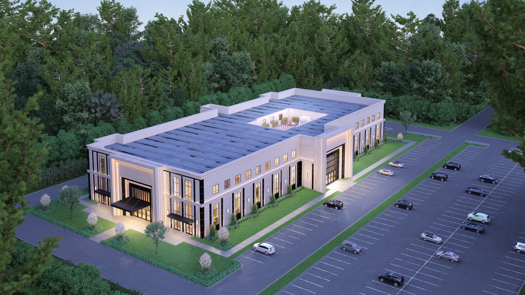 Aerial rendering of a white institutional campus