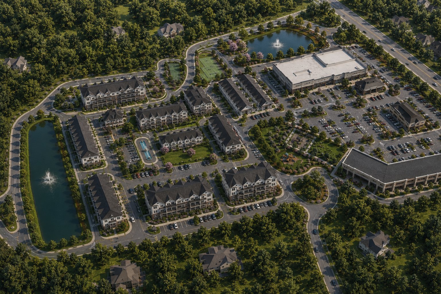 Aerial rendering of a residential development with ponds and retail