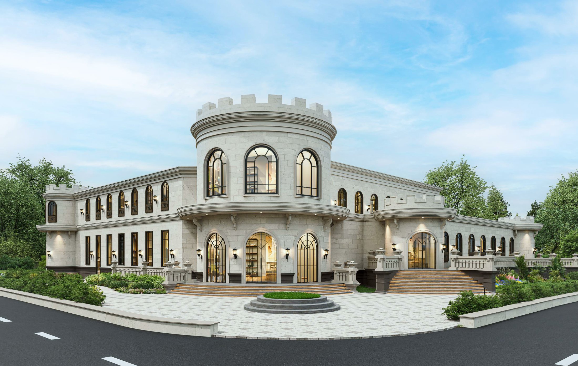 Rendering of a community hall with arched windows and a domed tower