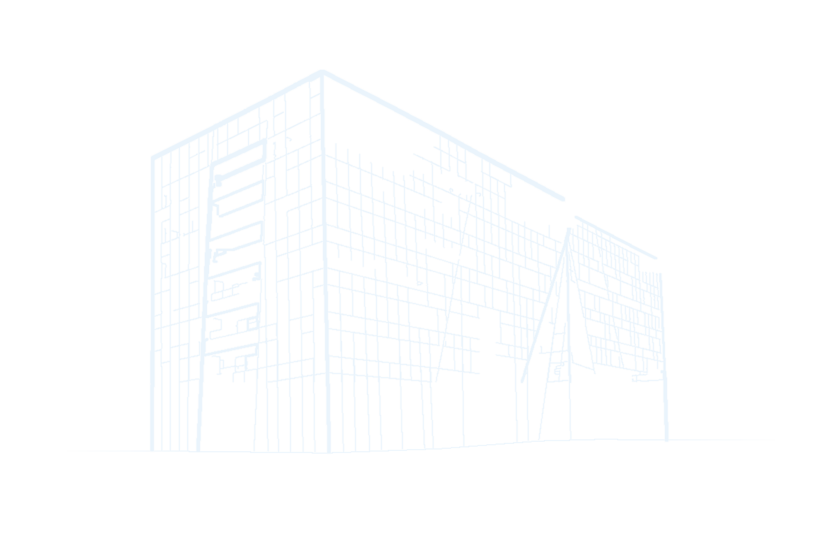 Line drawing traced from the finished Tower Five: the glass curtain wall grid, the folded corner and the roof line
