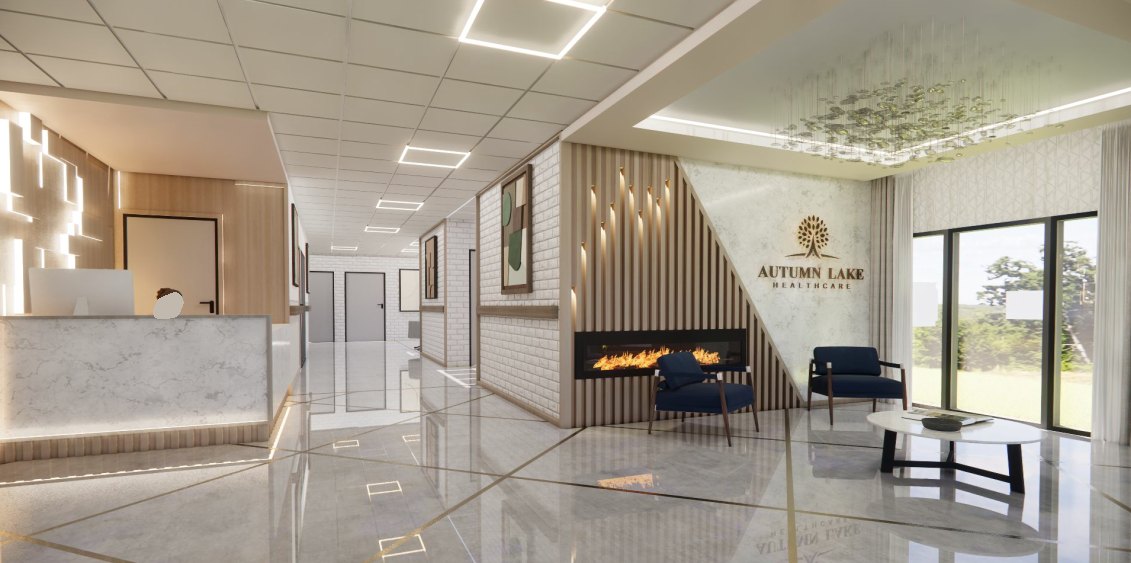 Rendering of a healthcare lobby with reception desk, fireplace, and lounge seating
