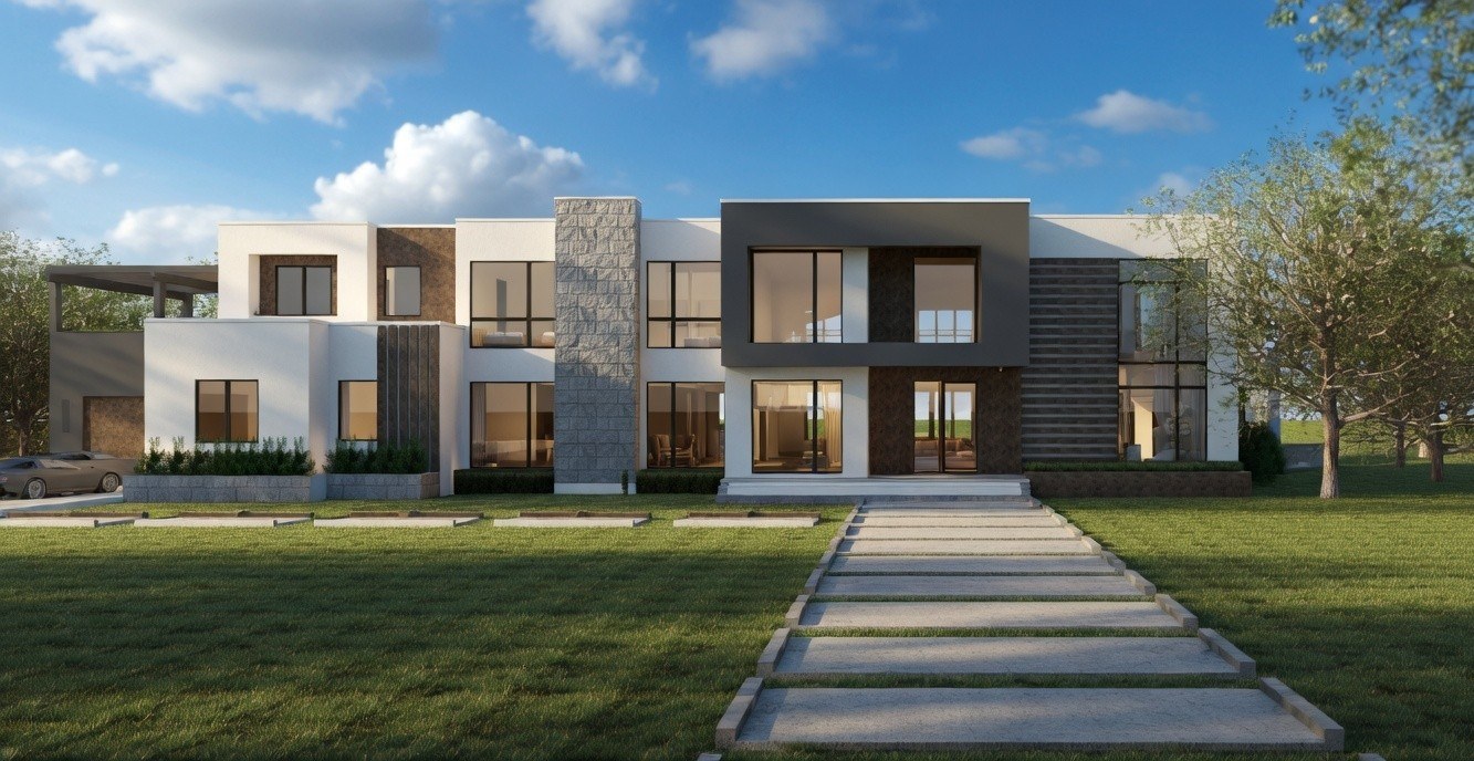 Rendering of a modern two-story home with stone and glass elements