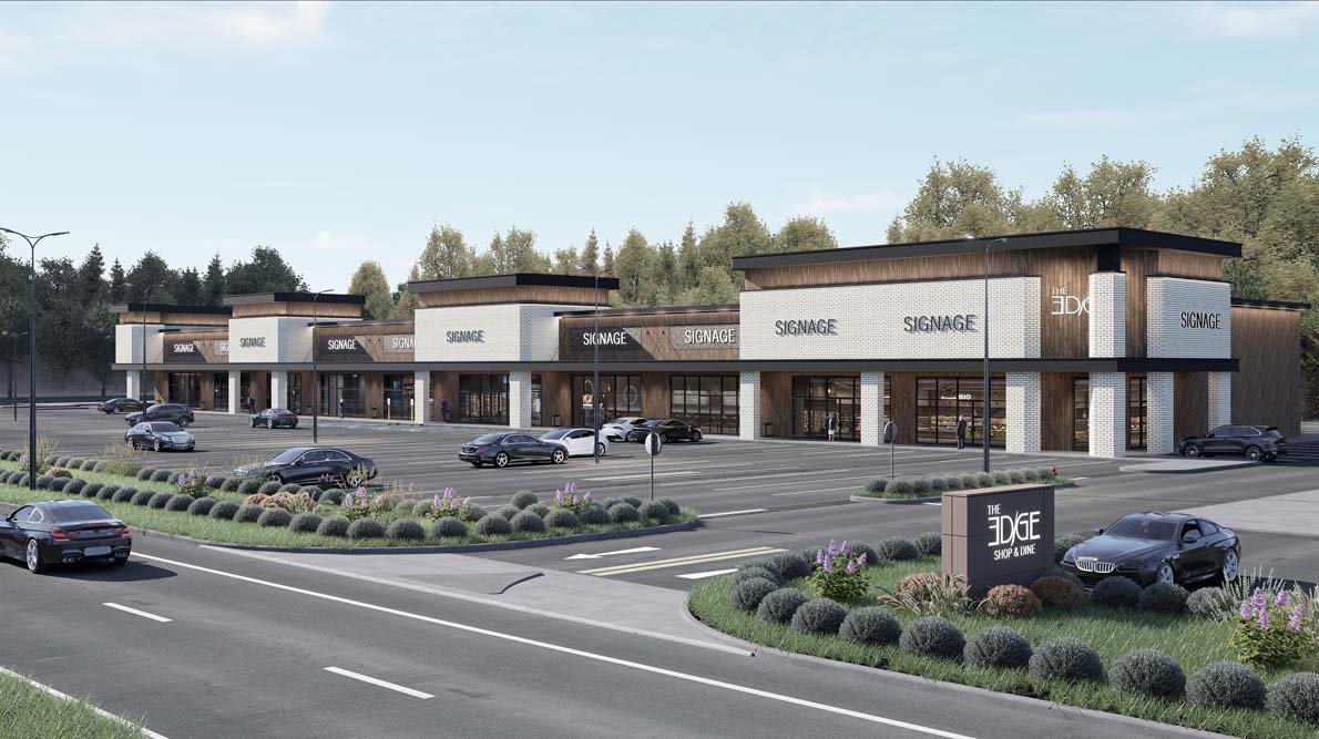 Rendering of a retail center with signage and parking